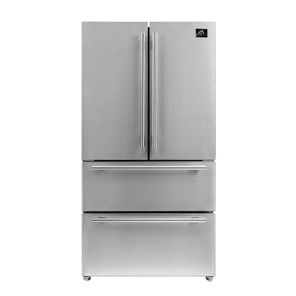 Forno 5-Piece Appliance Package - 48-Inch Dual Fuel Range, Refrigerator, Wall Mount Hood, 24-Inch Microwave Drawer, & 3-Rack Dishwasher in Stainless Steel - APR5-6156-48-H-MWD