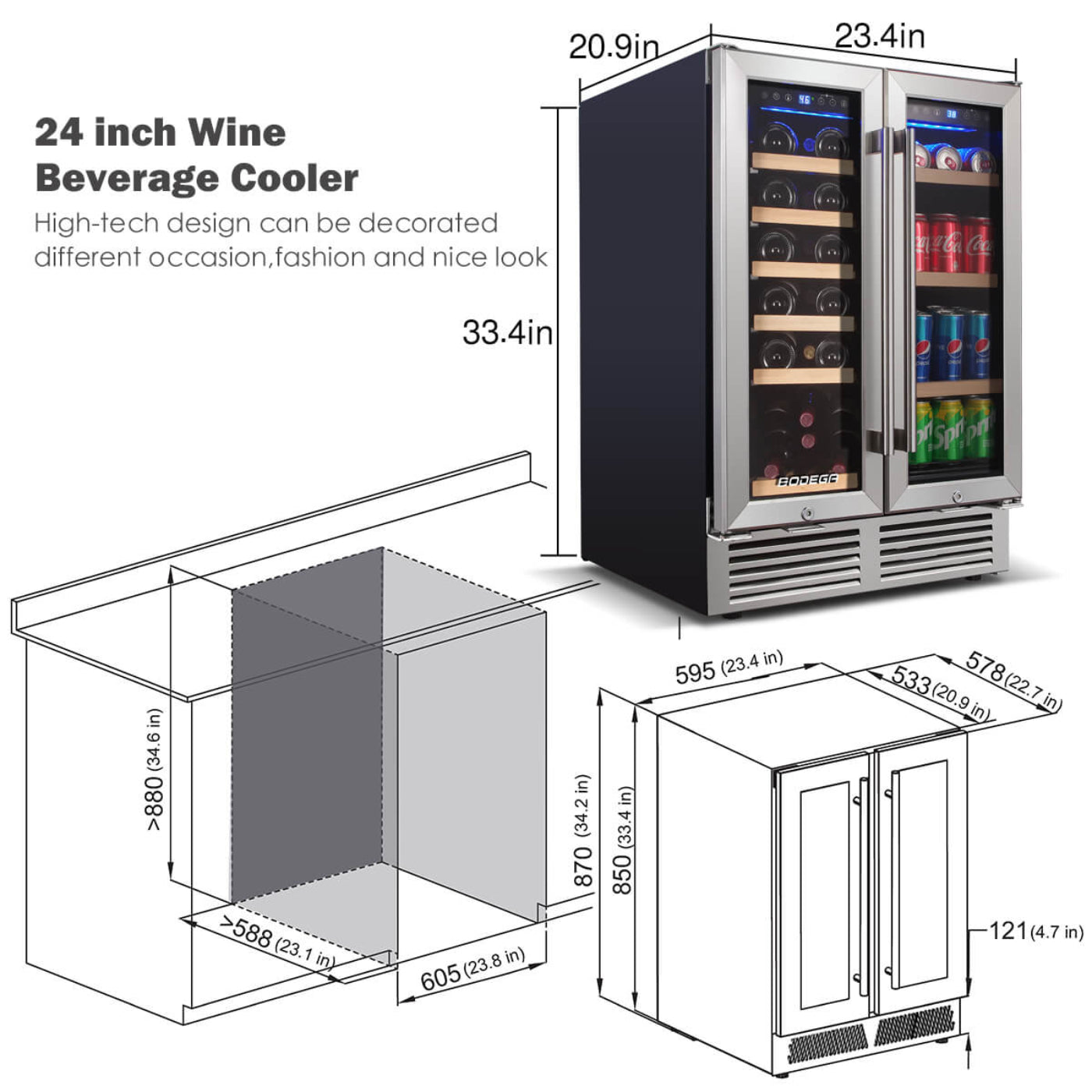 BODEGAcooler 24" Wine and Beverage Cooler Dual Zone 19 Bottles and 57 Cans