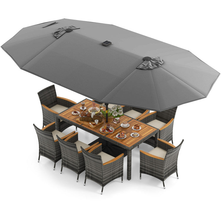 11 Pieces Patio Dining Set with 15 Feet Double-Sided Patio Umbrella Base Included
