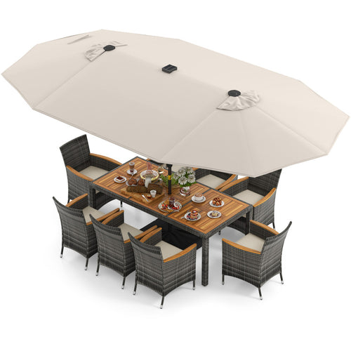 11 Pieces Patio Dining Set with 15 Feet Double-Sided Patio Umbrella Base Included