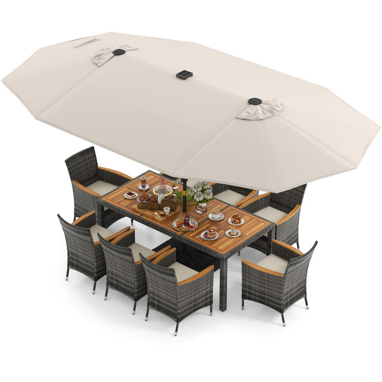11 Pieces Patio Dining Set with 15 Feet Double-Sided Patio Umbrella Base Included