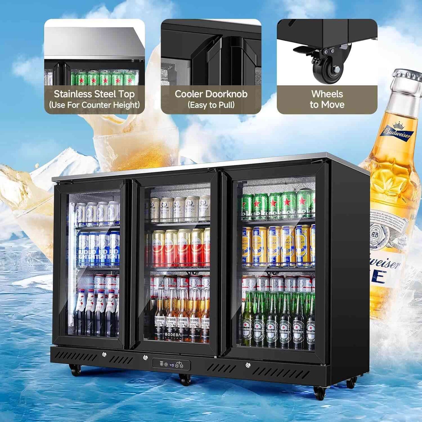 Bodega cooler 12 Cu.Ft Display Bar Beverage Fridge With 3 Glass Doors and wheels