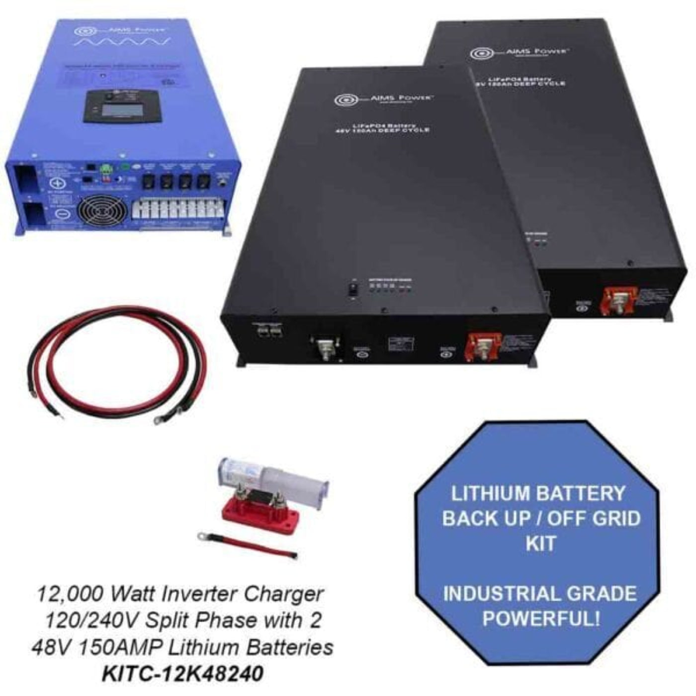 Aims Power 12000 Watt Pure Sine Inverter Charger & 48V Lithium Battery Off Grid/Back Up Kit - KITC-12K48240