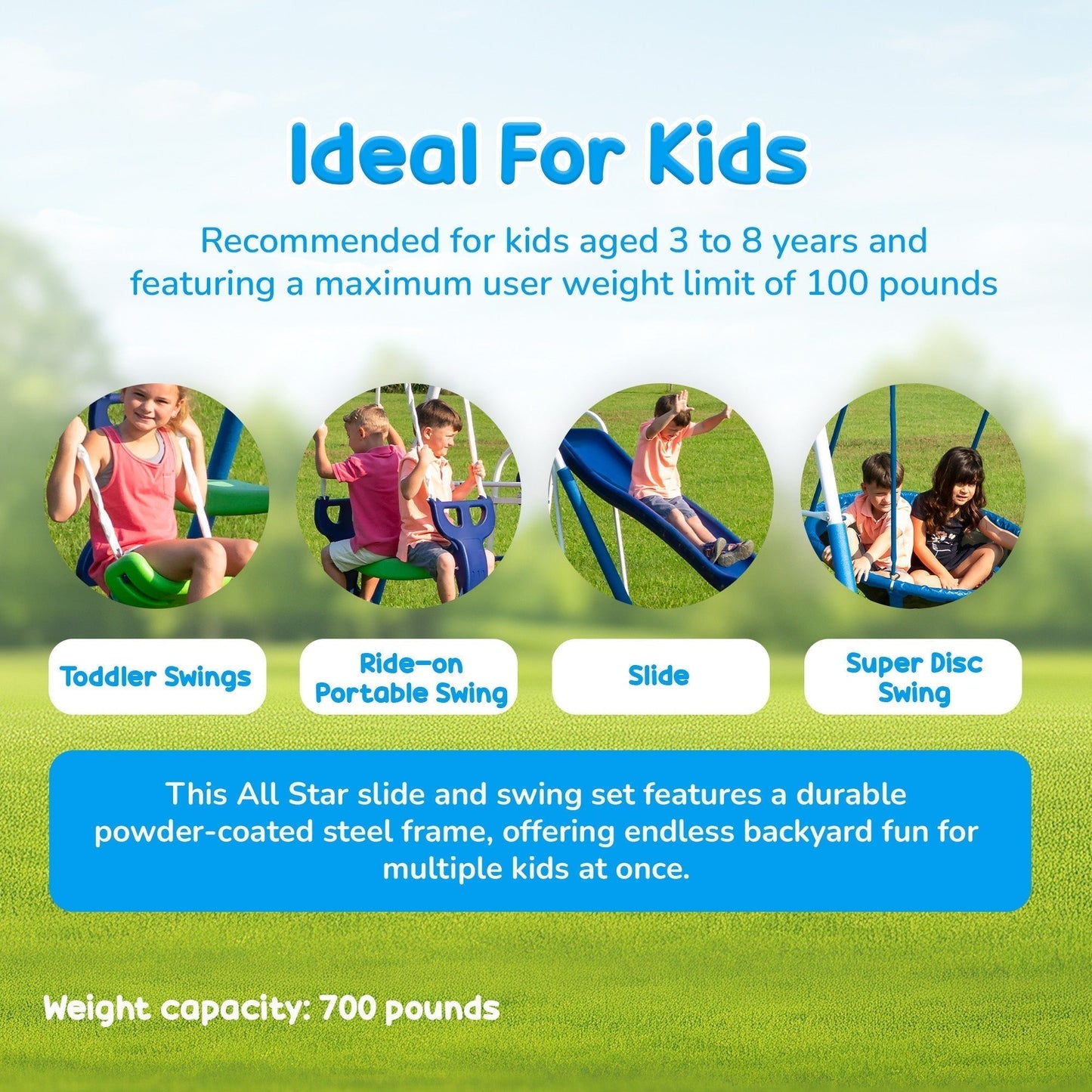 XDP Recreation All Star Playground Outdoor Swing Set, Rider, Super Disc & Slide - 125405
