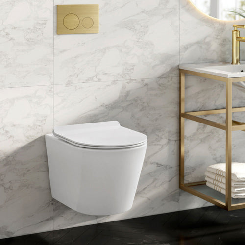 Swiss Madison Calice Wall-Hung Toilet Bundle 0.8/1.6 GPF Dual Flush in Glossy White with Brass Flush Plate - SM-WT2302GW