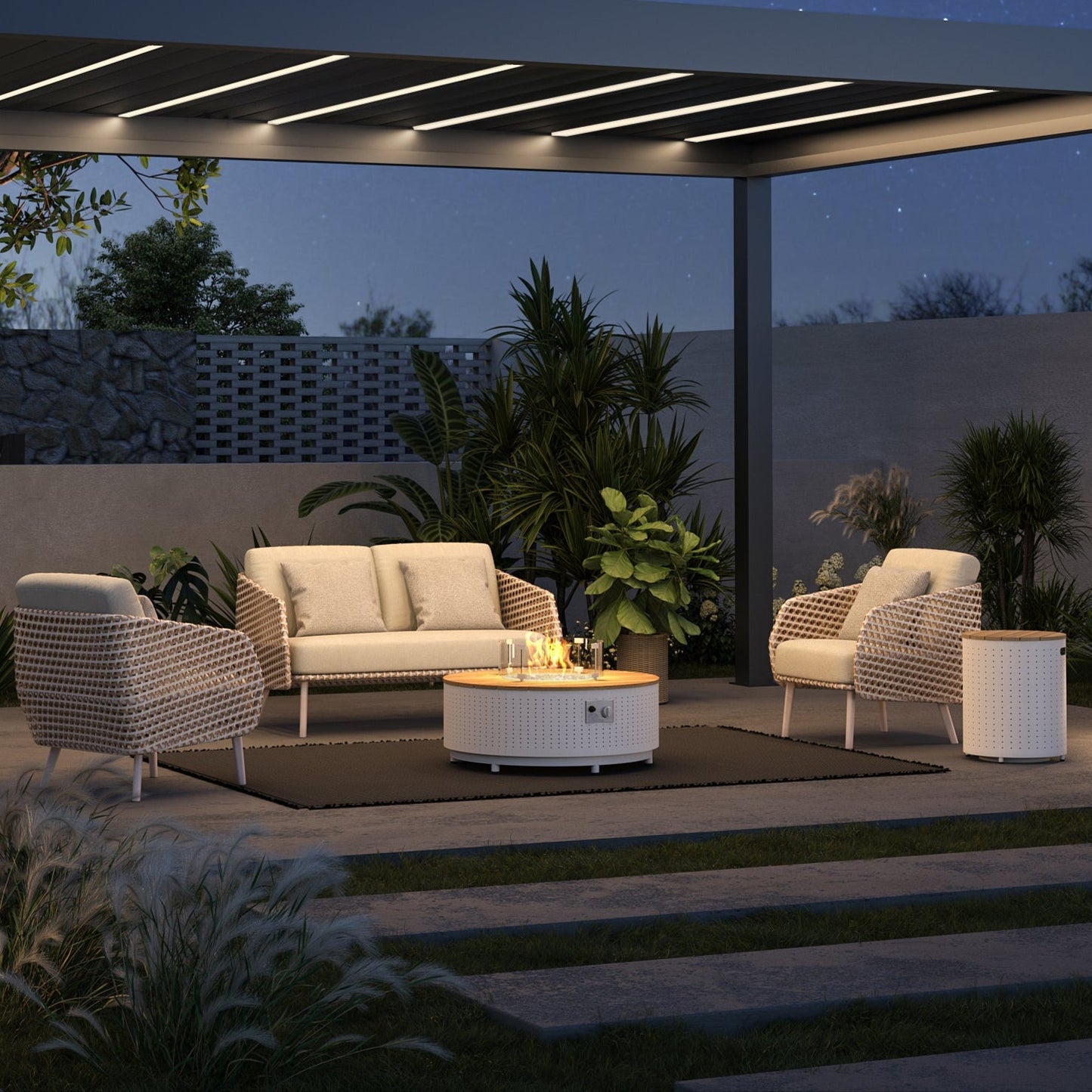 Bon Pergola Cypress Collection Fire Pit + Furniture - 110234+220407+E03756