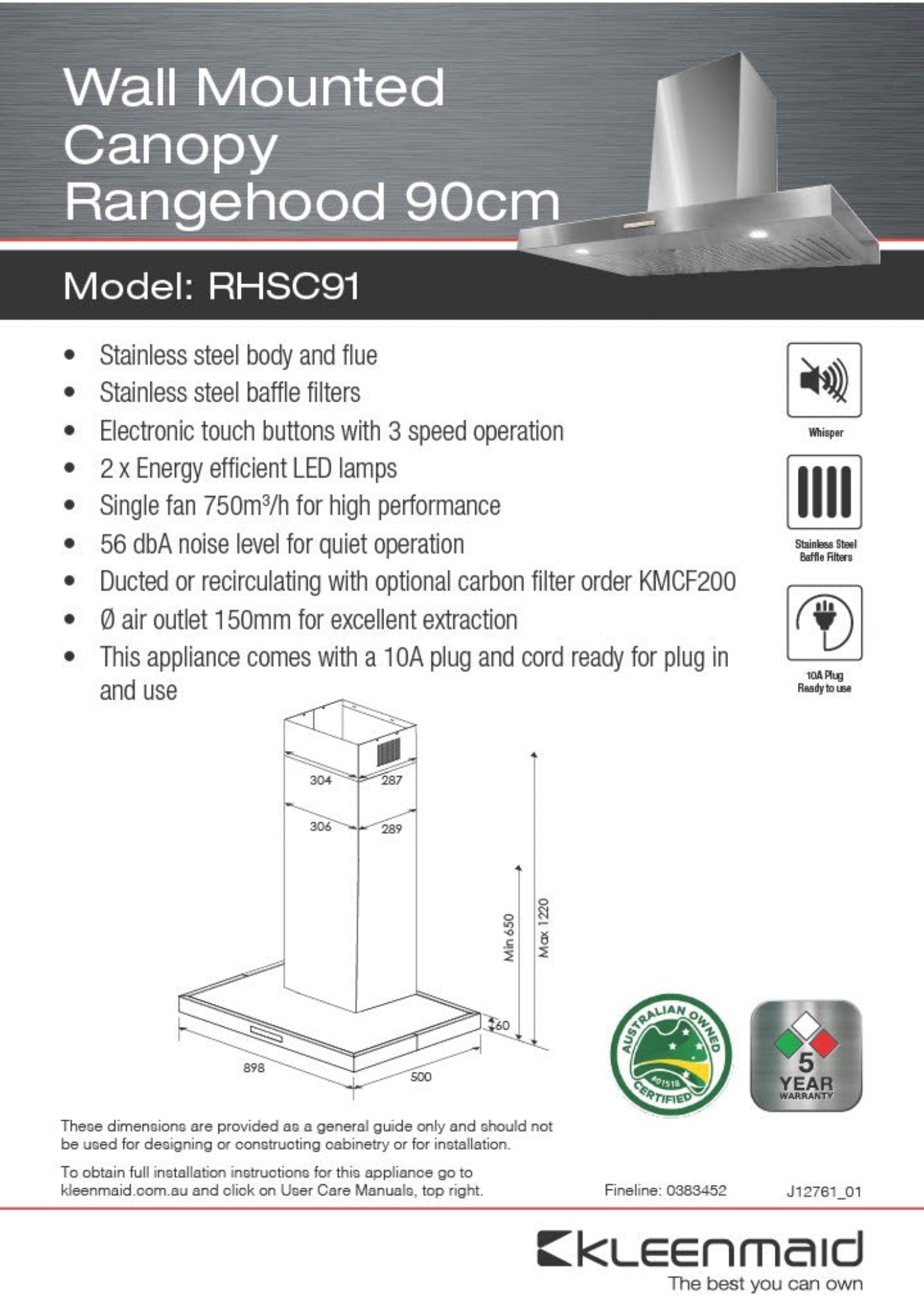 Kleenmaid 90cm Stainless Steel Wall Mounted Canopy Rangehood - RHSC91