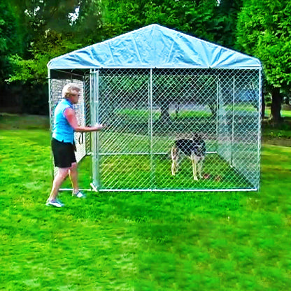 Lucky Dog 10' x 10' Chain Link Dog Kennel (2 Pack) & Waterproof Roof Cover - 174393