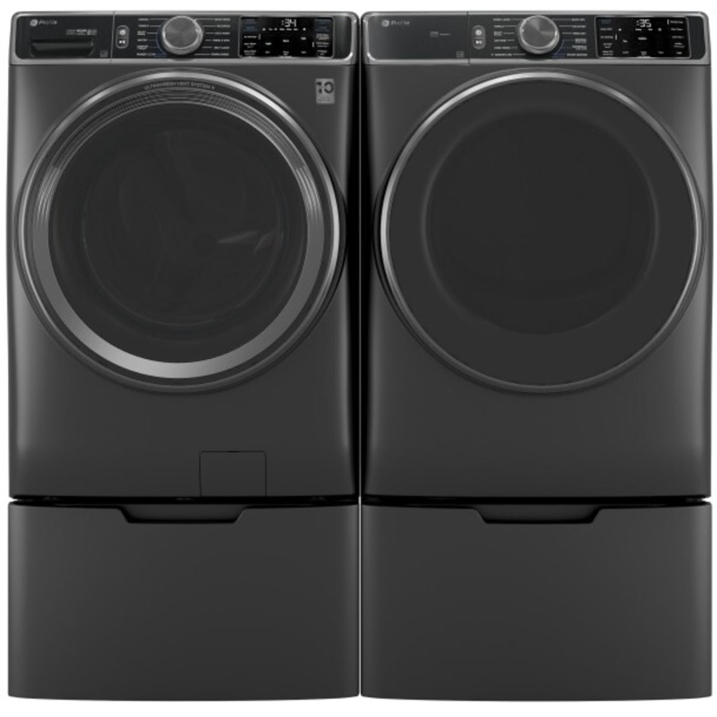 GE Appliances Profile 28 Inch Smart Front Load Washer & GE Profile 28 Inch Smart Front Load Electric Dryer with GE 28 Inch Pedestal Storage Drawer: Carbon Graphite - PFD95ESPWDS