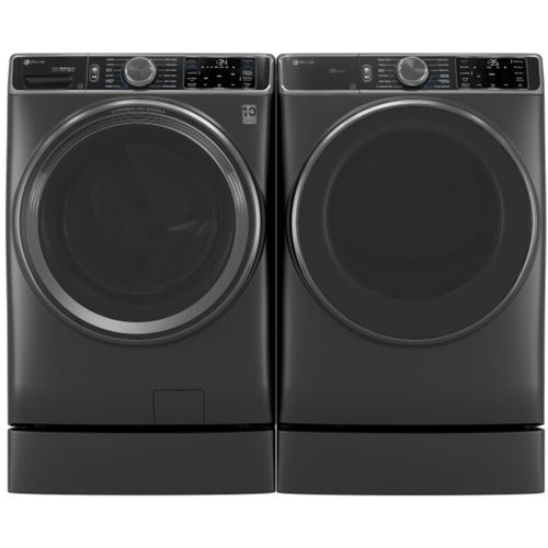 GE Appliances Profile 28 Inch Smart Front Load Washer & GE Profile 28 Inch Smart Front Load Electric Dryer with GE 28 Inch Right Height Riser: Carbon Graphite - PFD95ESPWDS