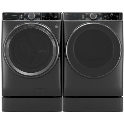 GE Appliances Profile 28 Inch Smart Front Load Washer & GE Profile 28 Inch Smart Front Load Electric Dryer with GE 28 Inch Right Height Riser: Carbon Graphite - PFD95ESPWDS