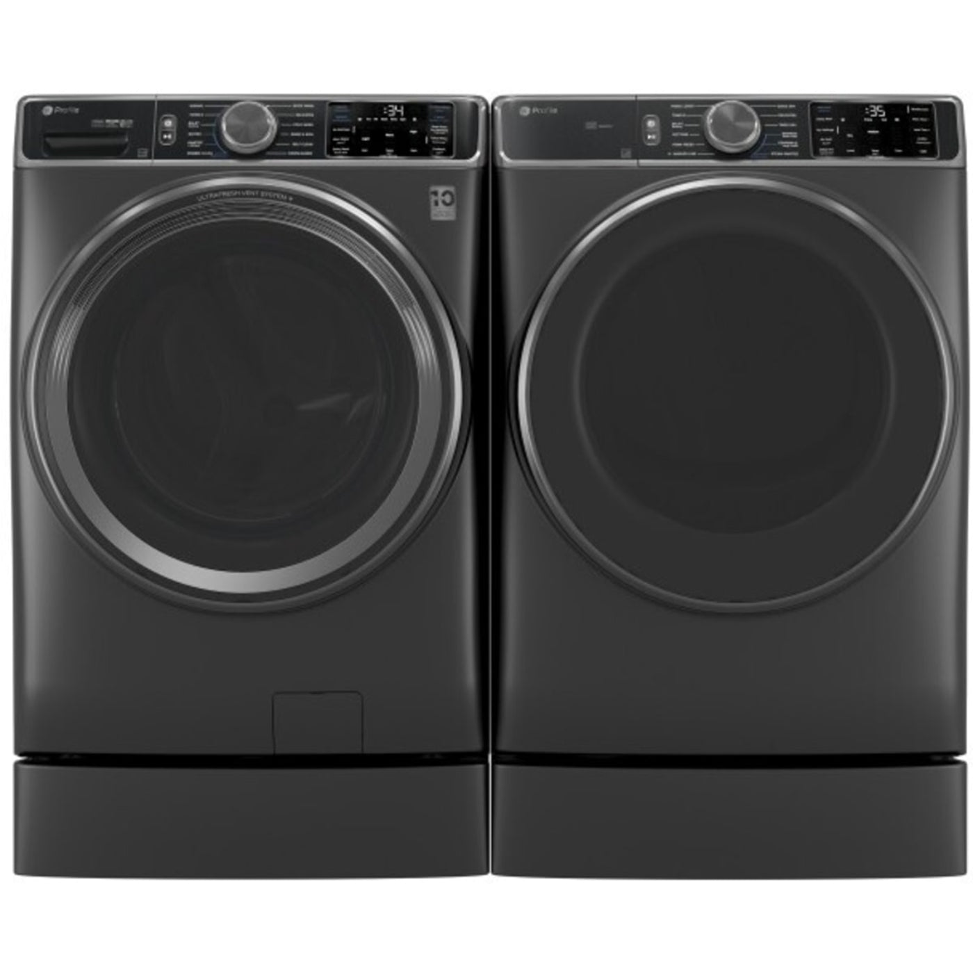GE Appliances Profile 28 Inch Smart Front Load Washer & GE Profile 28 Inch Smart Front Load Electric Dryer with GE 28 Inch Right Height Riser: Carbon Graphite - PFD95ESPWDS