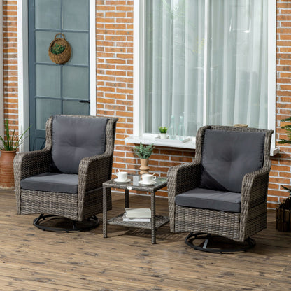 Outsunny 3 Pieces Patio Bistro Set with Glass Coffee Table and Swivel Porch Chairs, Gray - 863-113V00GG