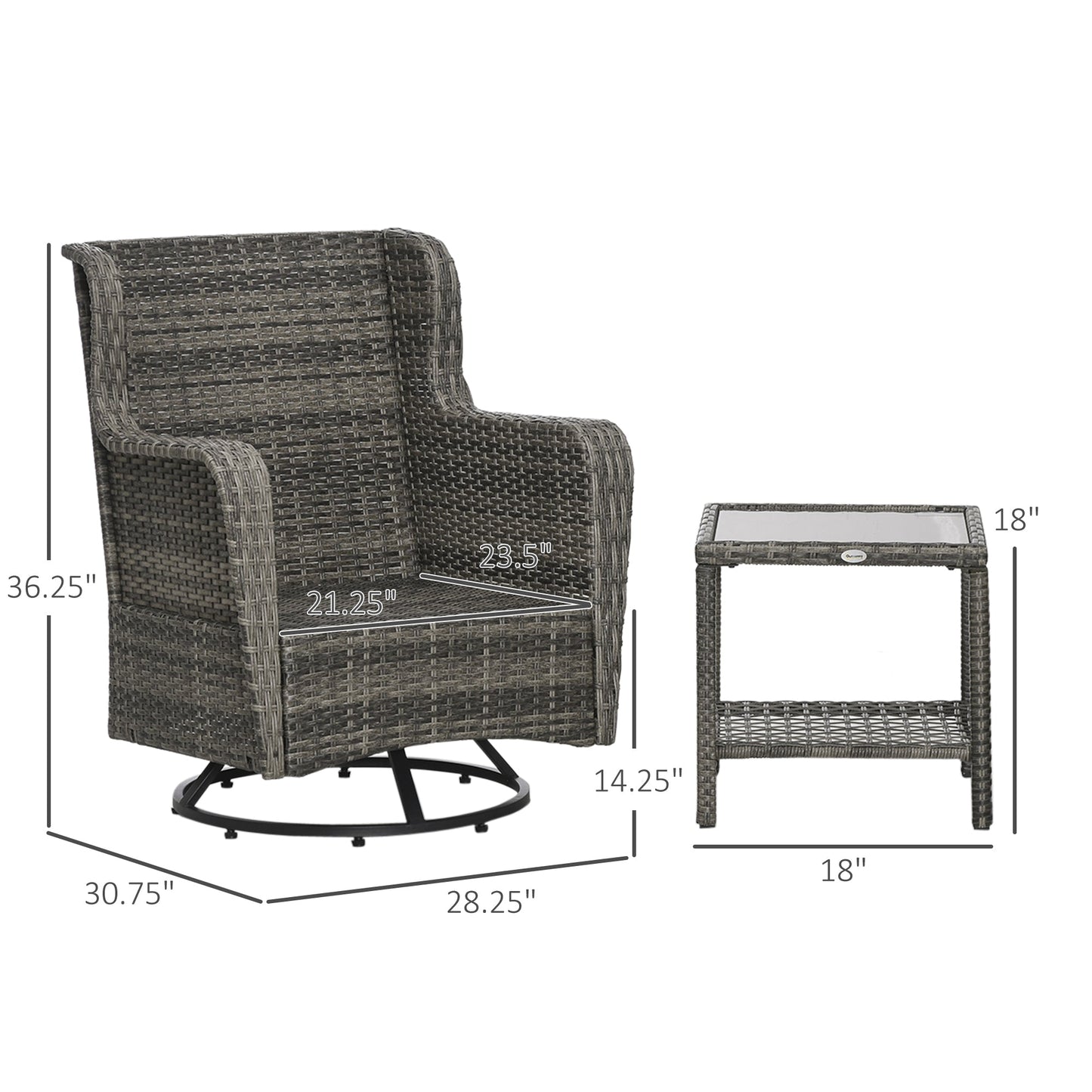 Outsunny 3 Pieces Patio Bistro Set with Glass Coffee Table and Swivel Porch Chairs, Gray - 863-113V00GG