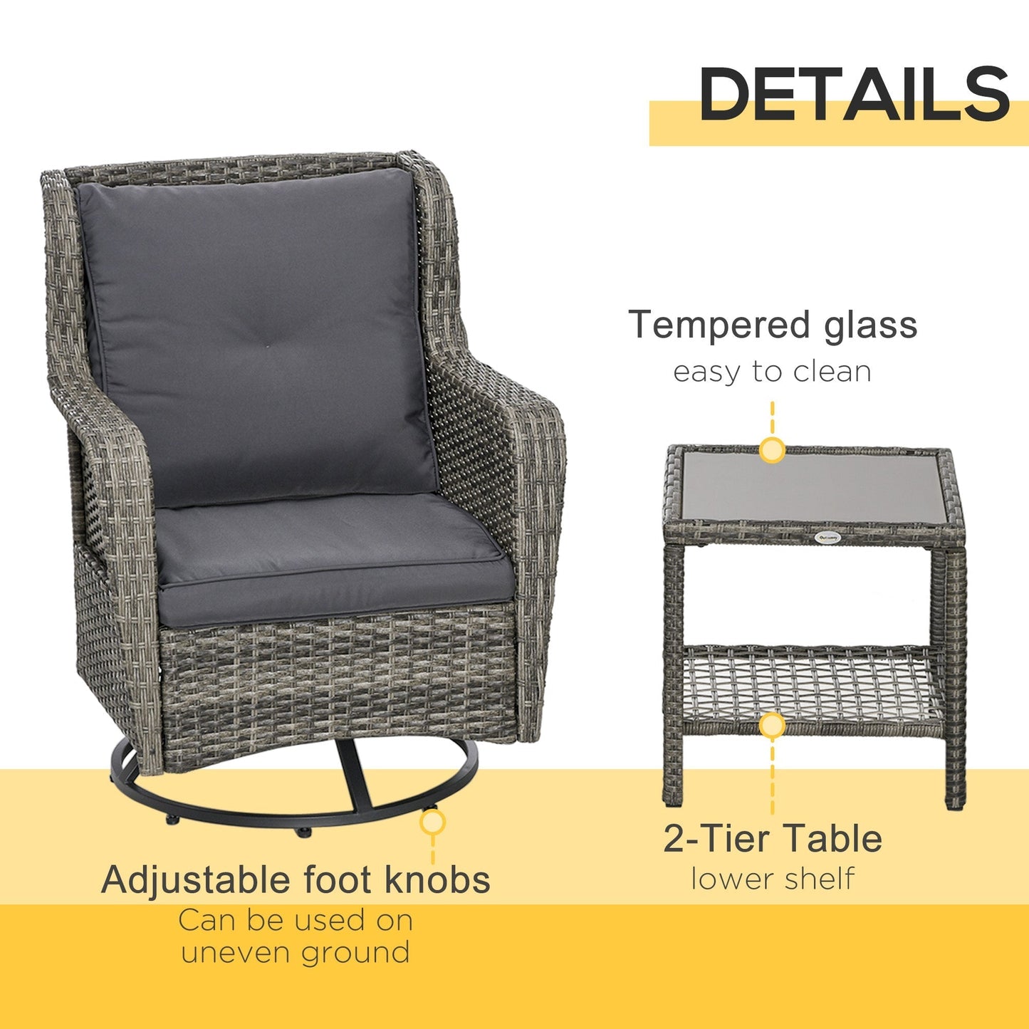 Outsunny 3 Pieces Patio Bistro Set with Glass Coffee Table and Swivel Porch Chairs, Gray - 863-113V00GG