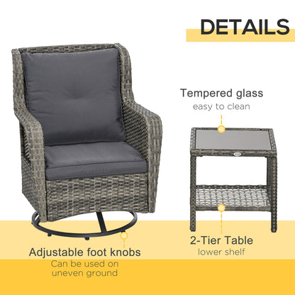 Outsunny 3 Pieces Patio Bistro Set with Glass Coffee Table and Swivel Porch Chairs, Gray - 863-113V00GG