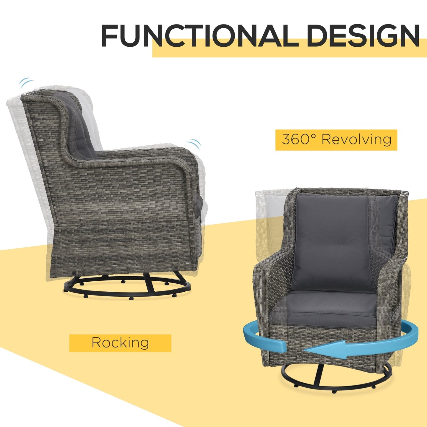 Outsunny 3 Pieces Patio Bistro Set with Glass Coffee Table and Swivel Porch Chairs, Gray - 863-113V00GG