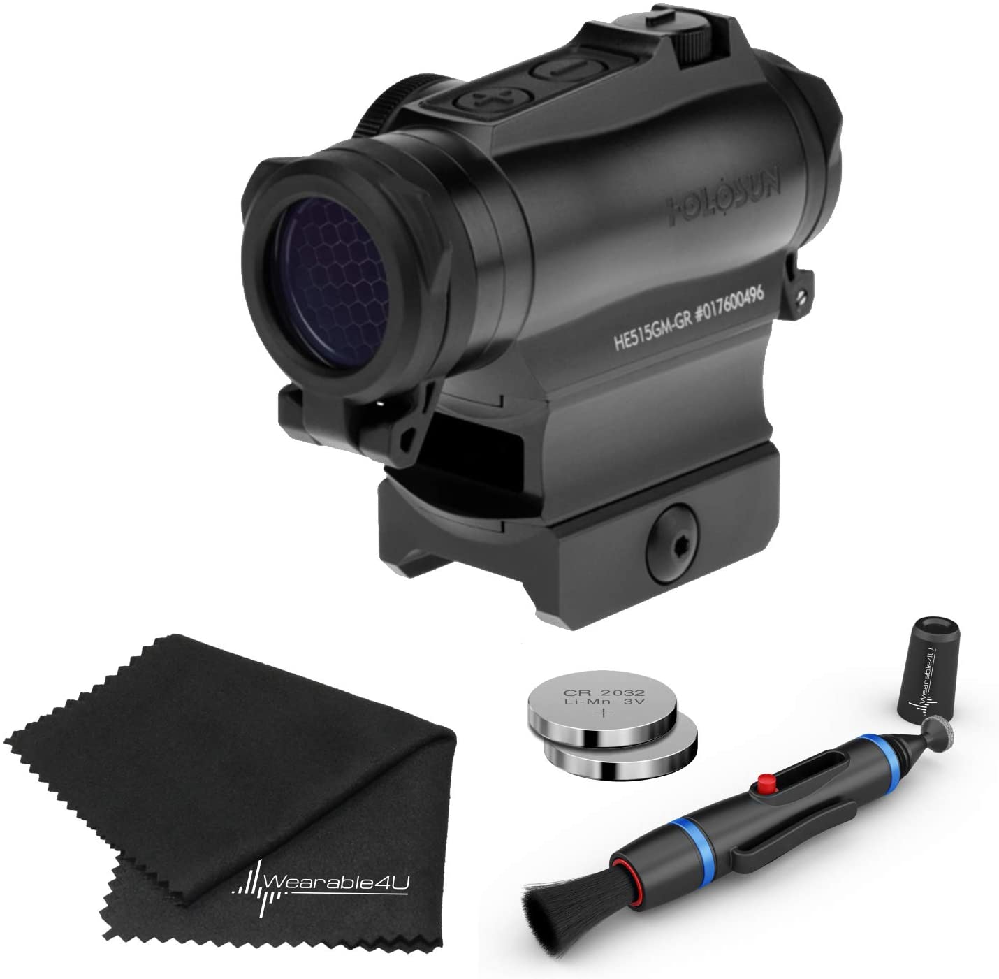 Holosun Elite Green LED Circle Dot/QD Mount Sight Lens Cleaning Pen, Extra Battery and Lens Cleaning Cloth Bundle - HE515GM-GR_Towel_W4U-LCP_2032