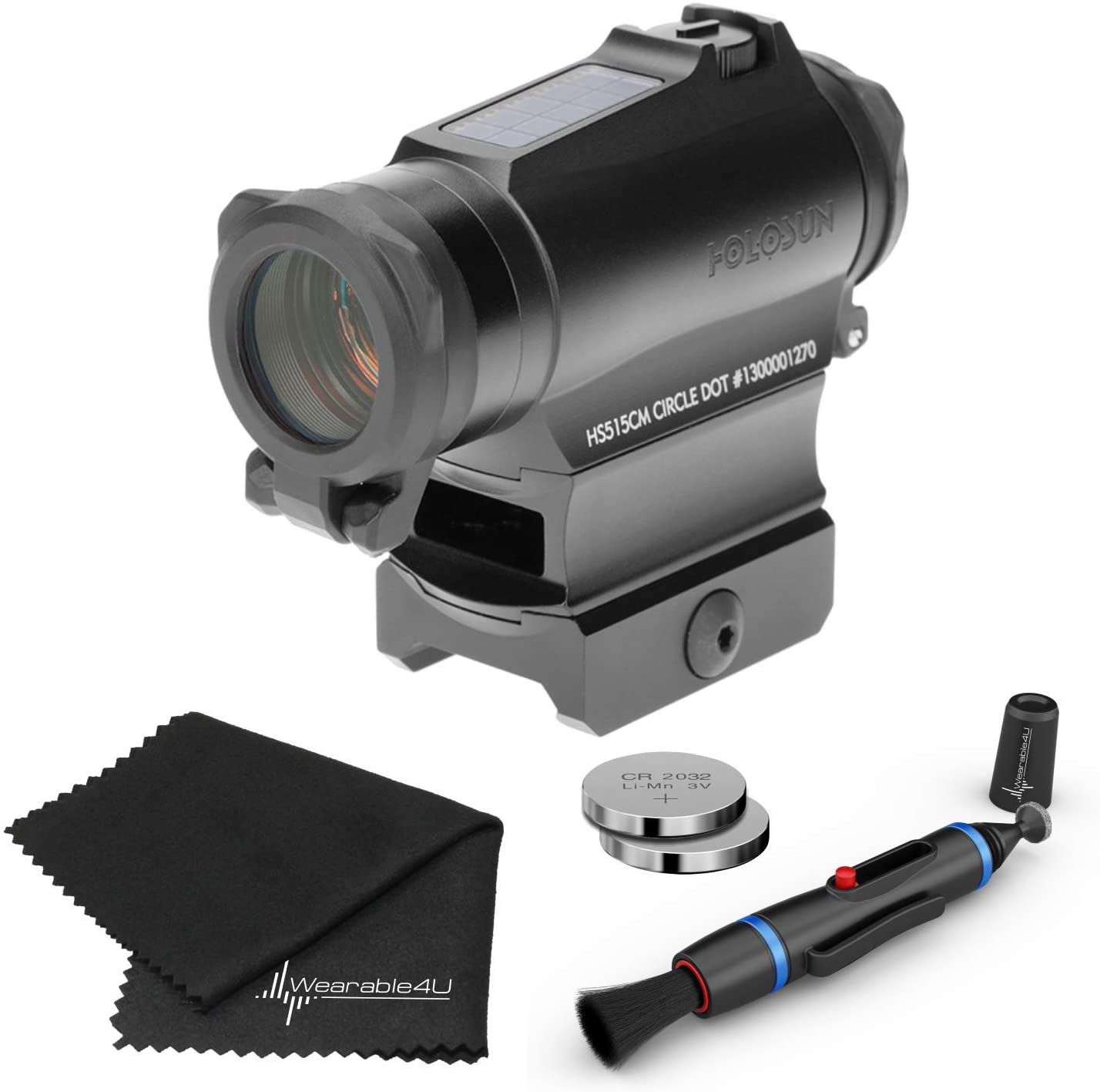 Holosun Military Grade Micro Red Circle Dot Sight/Solar Panel/QD Mount Optics Lens Cleaning Pen, Extra Battery and Lens Cleaning Cloth Bundle - HS515CM_Towel_W4U-LCP_2032