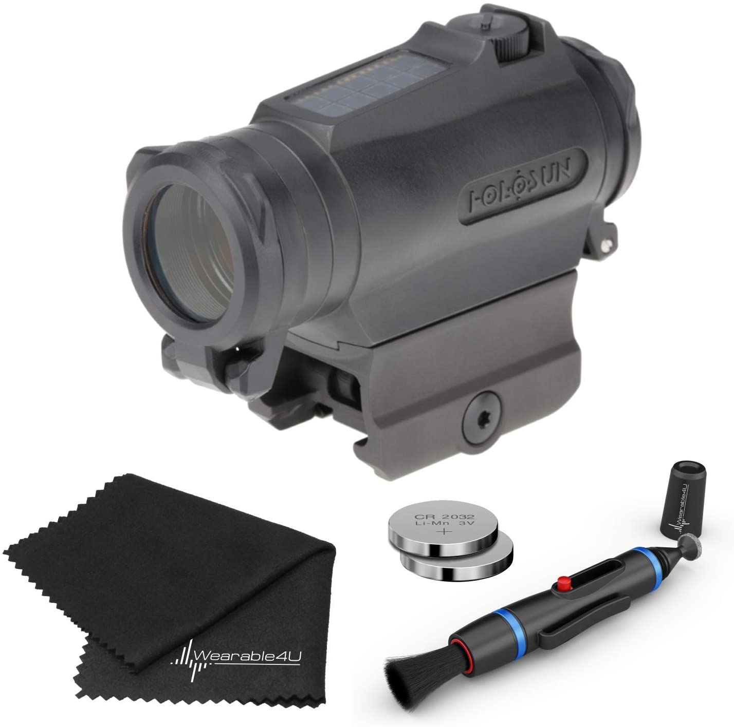 Holosun Circle Red Dot/Solar/Titanium Sight Lens Cleaning Pen, Extra Battery and Lens Cleaning Cloth Bundle - HE515CT-RD_Towel_W4U-LCP_2032