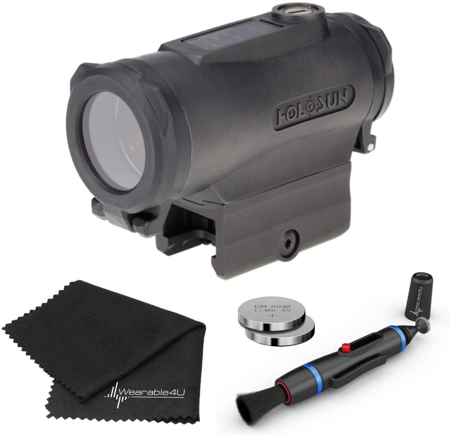 Holosun  Elite Titanium Solar Tube Green Reticle Sight Lens Cleaning Pen, Extra Battery and Lens Cleaning Cloth Bundle - HE530C-GR_Towel_W4U-LCP_2032