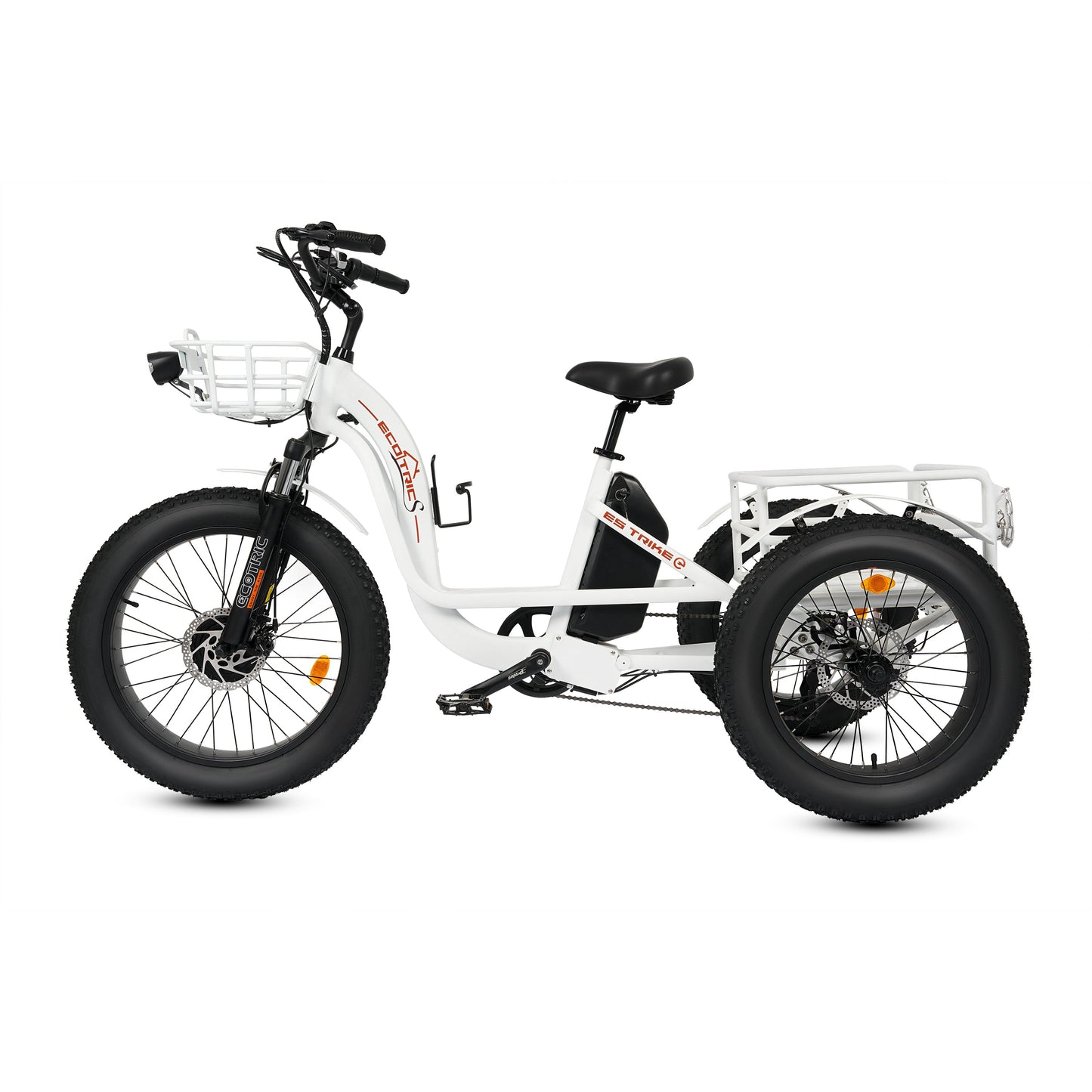 Ecotric 48V 24"x4.0 Front 20"x4.0 Rear Tires Tricycle electric bike with Front Basket + Rear Rack White - EST-W+EB-005-EC