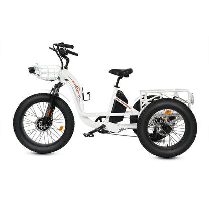 Ecotric 48V 24"x4.0 Front 20"x4.0 Rear Tires Tricycle electric bike with Front Basket + Rear Rack White - EST-W+EB-005-EC