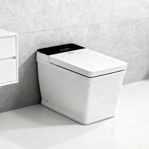 Awoco Smart Bidet Toilet, Smart Bidet with Toilet Built in, Heated Seat, Auto Open & Close Lid Seat, Foot Sensor Operation, Auto Flush, Warm Water & Dryer, Remote Control, LED Display (White) - AWC-ST-T5
