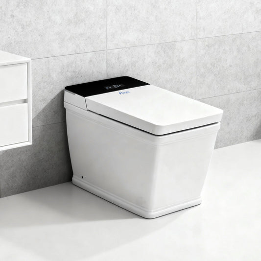 Awoco Smart Bidet Toilet, Smart Bidet with Toilet Built in, Heated Seat, Auto Open & Close Lid Seat, Foot Sensor Operation, Auto Flush, Warm Water & Dryer, Remote Control, LED Display (White) - AWC-ST-T5