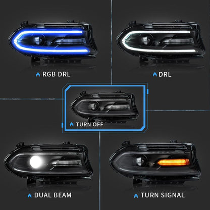LED Headlight Assembly RGB Style Dual Beam Projector Black For 2015-2023 Dodge Charger 7th Gen(LD)