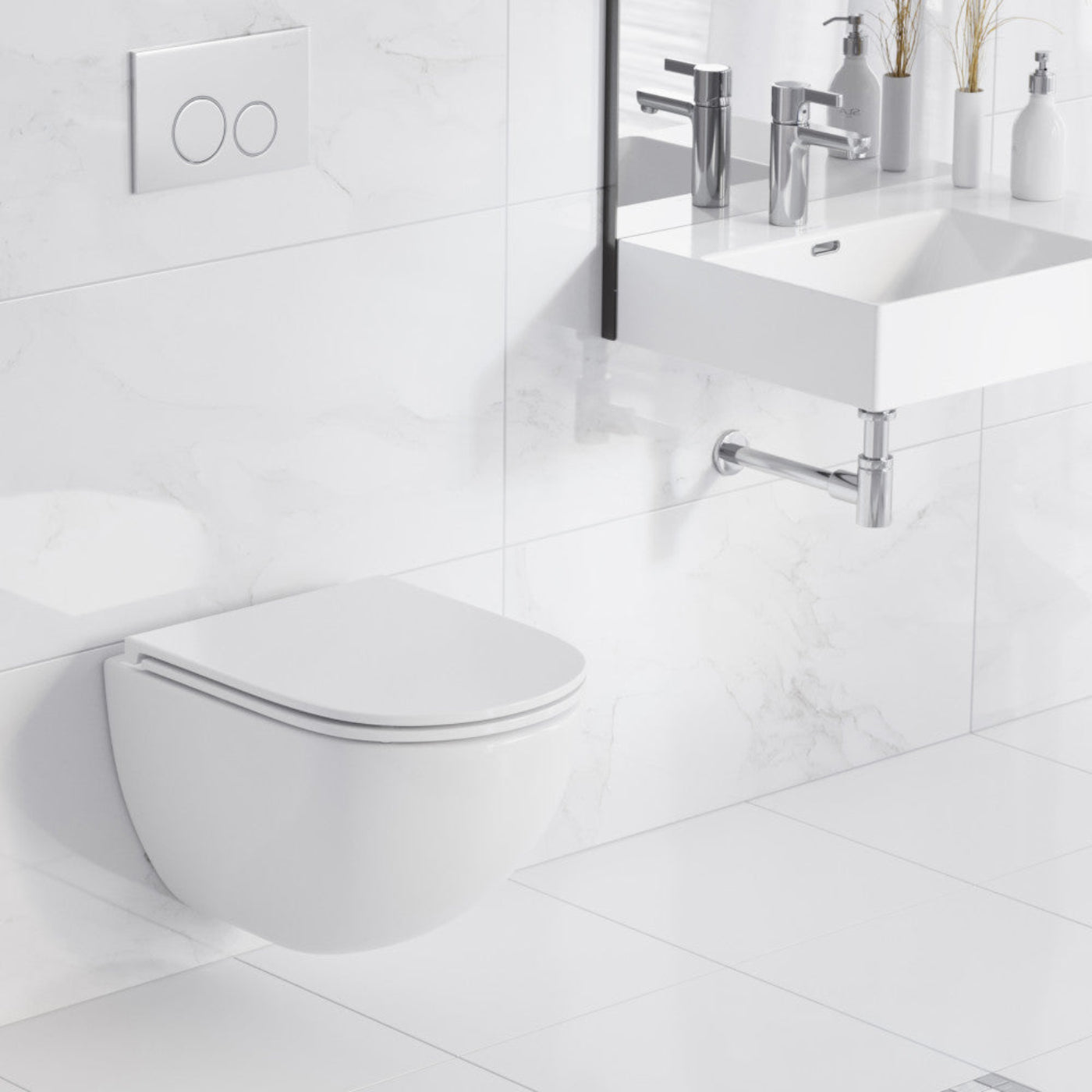 Swiss Madison St. Tropez Wall-Hung Toilet Bundle 0.8/1.6 GPF Dual Flush in Glossy White with Flush Plate - SM-WK449-01W
