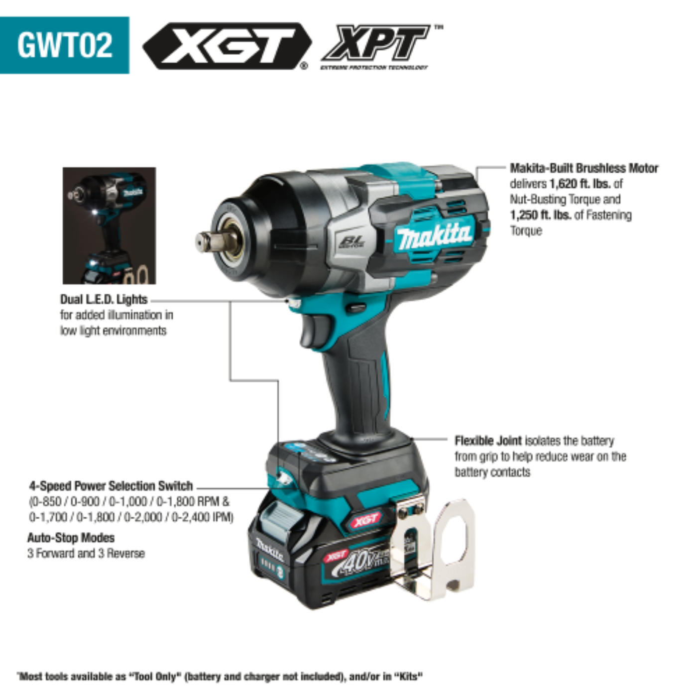 Makita (GWT02Z) 40V max XGT Brushless Cordless 4‑Speed High‑Torque 1/2" Sq. Drive Impact Wrench w/ Friction Ring Anvil, Tool Only - GWT02Z