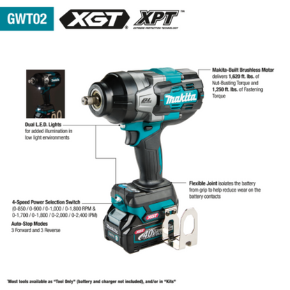 Makita (GWT02Z) 40V max XGT Brushless Cordless 4‑Speed High‑Torque 1/2" Sq. Drive Impact Wrench w/ Friction Ring Anvil, Tool Only - GWT02Z