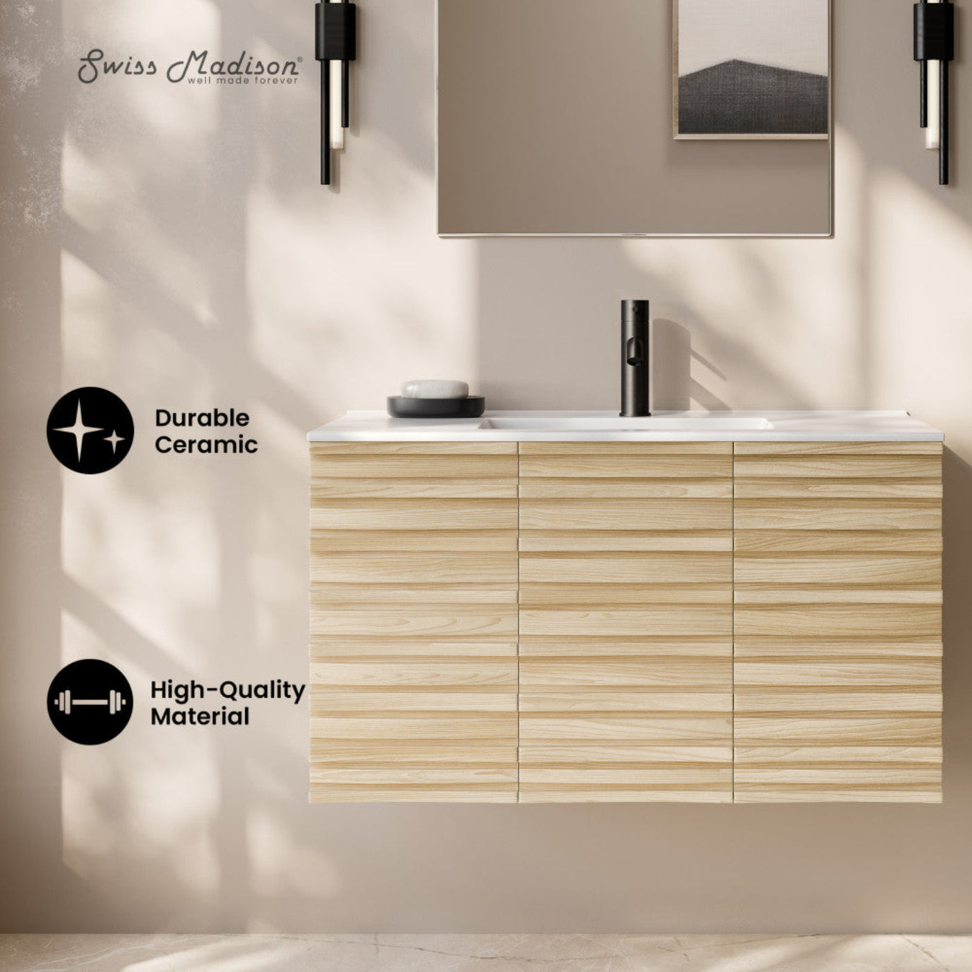 Swiss Madison Cascade 36" Wall-Mounted Bathroom Vanity in Natural Oak with Sink Top - SM-BV8602NO