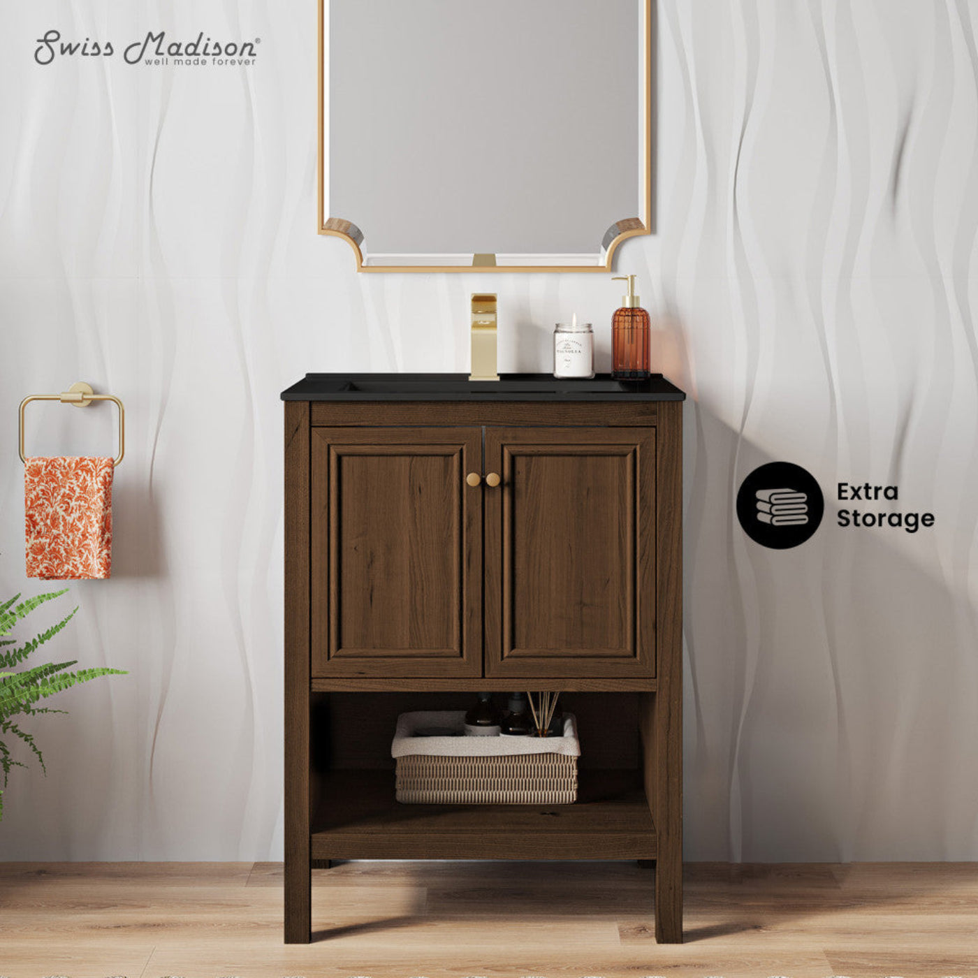Swiss Madison Chateau 24" Freestanding Bathroom Vanity in Brown Oak with Black Sink Top - SM-BV0601BO-MB