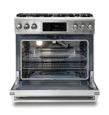 Thor Kitchen 5-Piece Appliance Package - 36-Inch Propane Gas Range, Tilt Panel, Refrigerator with Water Dispenser, Wall Mount Hood, Dishwasher, & Microwave Drawer in Stainless Steel - APW5-TRG36B-LP