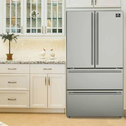 Forno 5-Piece Pro Appliance Package - 36-Inch Gas Range, Refrigerator, Wall Mount Hood, 24-Inch Microwave Oven, & 3-Rack Dishwasher in Stainless Steel - APR5-6260-36-H-MWO