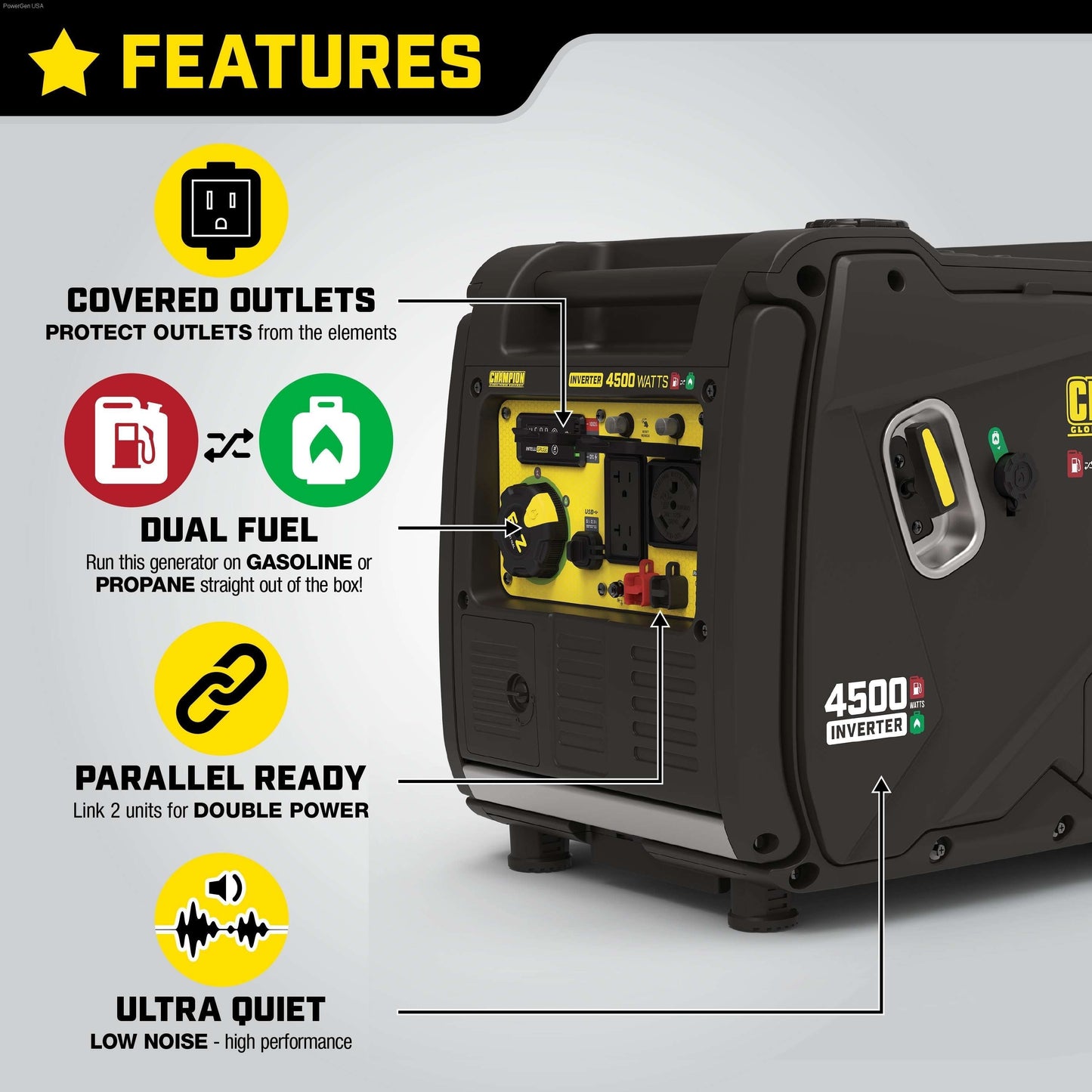 Aurora Generators Champion 4500-Watt Portable Dual Fuel Inverter Generator with Quiet Technology - PowerGen USA - 200991