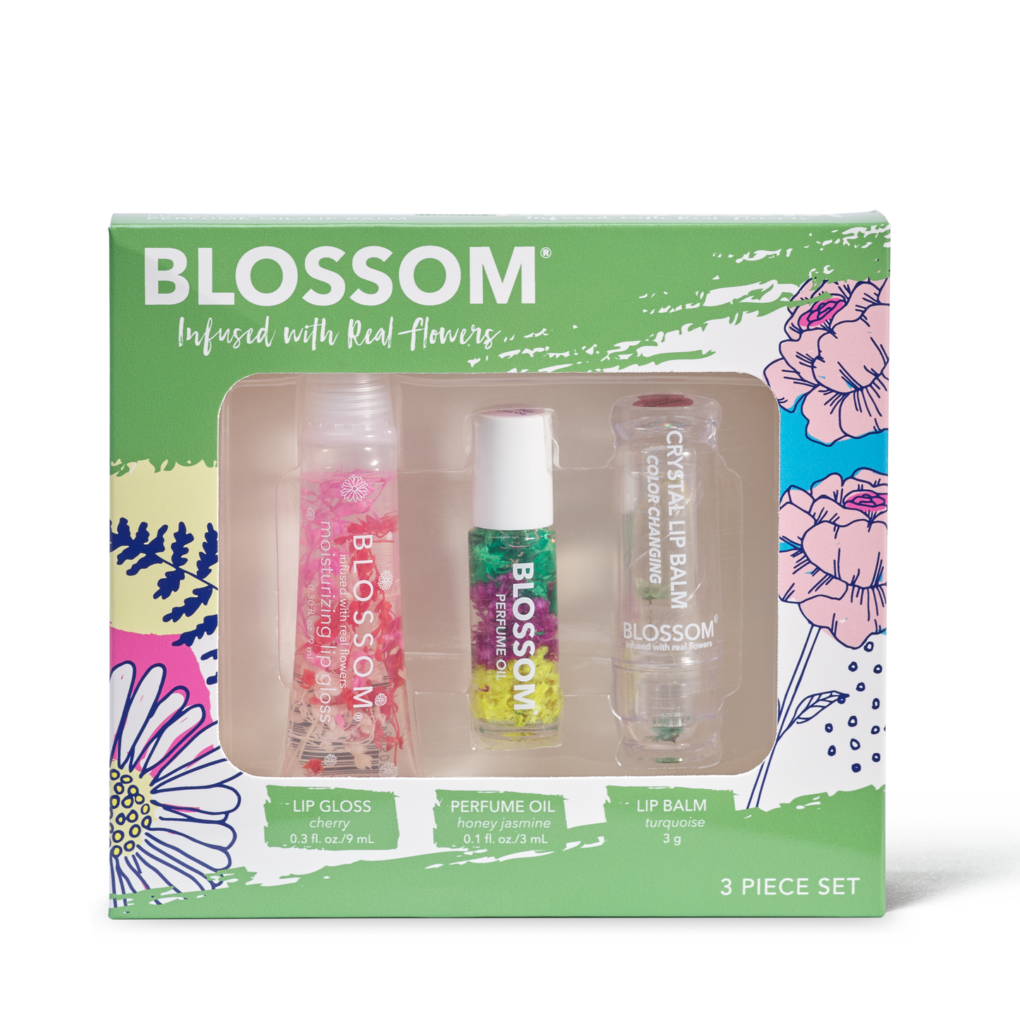 Blossom 3 Piece Set - Moisturizing Lip Gloss, Mini Roll-on Perfume Oil, Color-Changing Lip Balm - BL-GS8