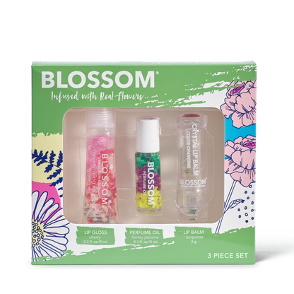 Blossom 3 Piece Set - Moisturizing Lip Gloss, Mini Roll-on Perfume Oil, Color-Changing Lip Balm - BL-GS8