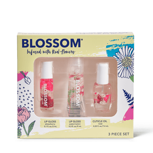 Blossom 3 Piece Set - Mini Roll-On Lip Gloss, Moisturizing Lip Gloss, Scented Cuticle Oil - BL-GS4-STWTROSE-3PK