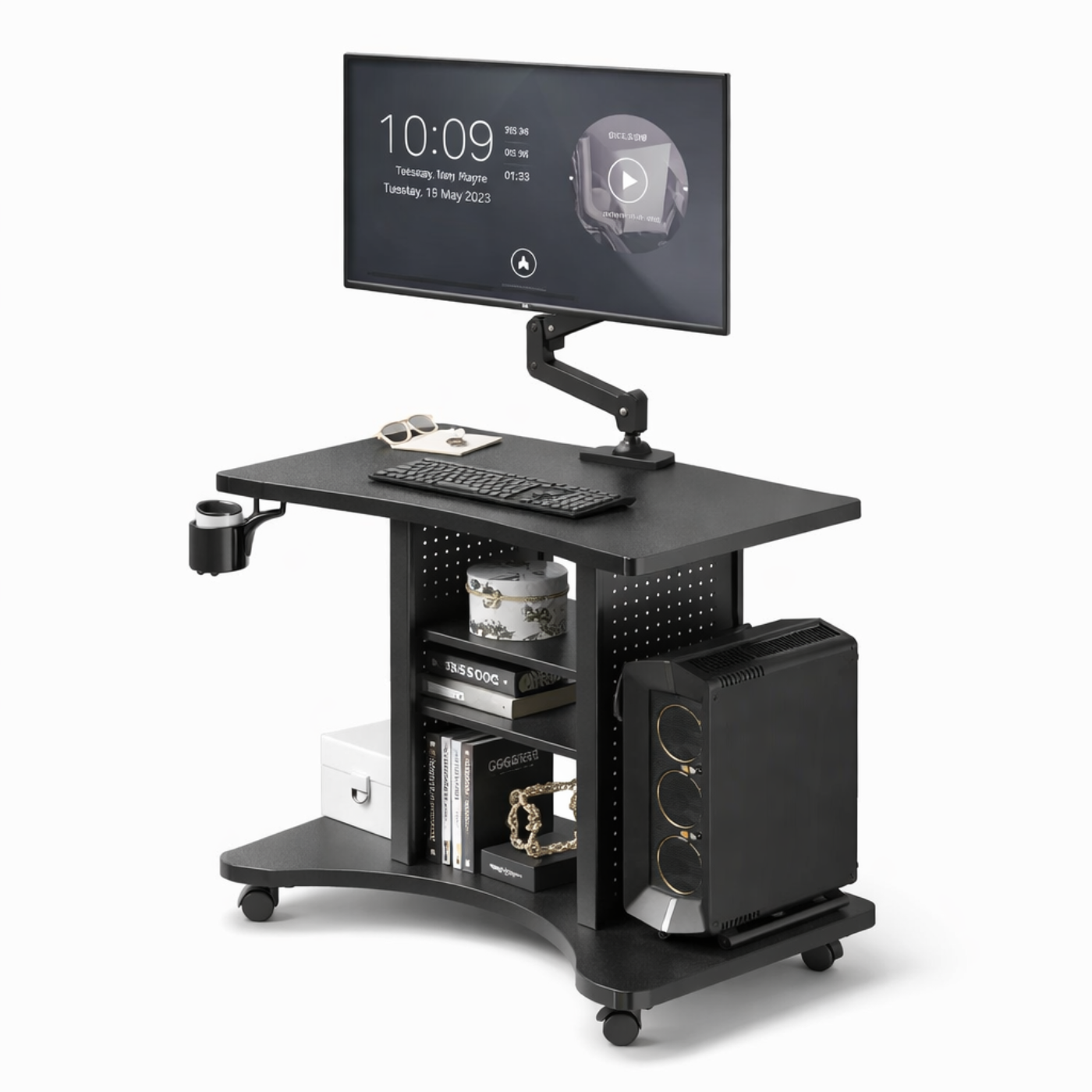 Kinnls WS-50 Mobile Computer Desk with Adjustable Monitor Arm & Storage Shelves