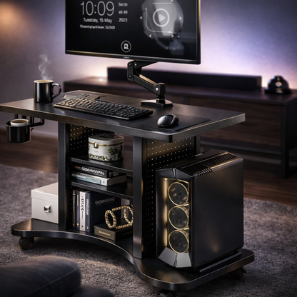 Kinnls WS-50 Mobile Computer Desk with Adjustable Monitor Arm & Storage Shelves