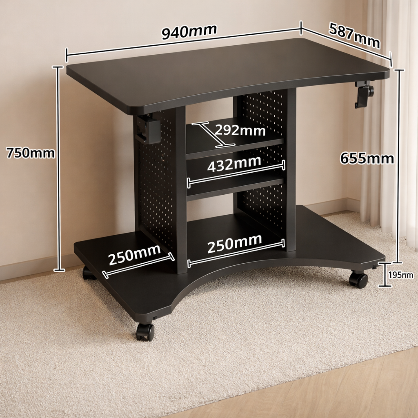 Kinnls WS-50 Mobile Computer Desk with Adjustable Monitor Arm & Storage Shelves