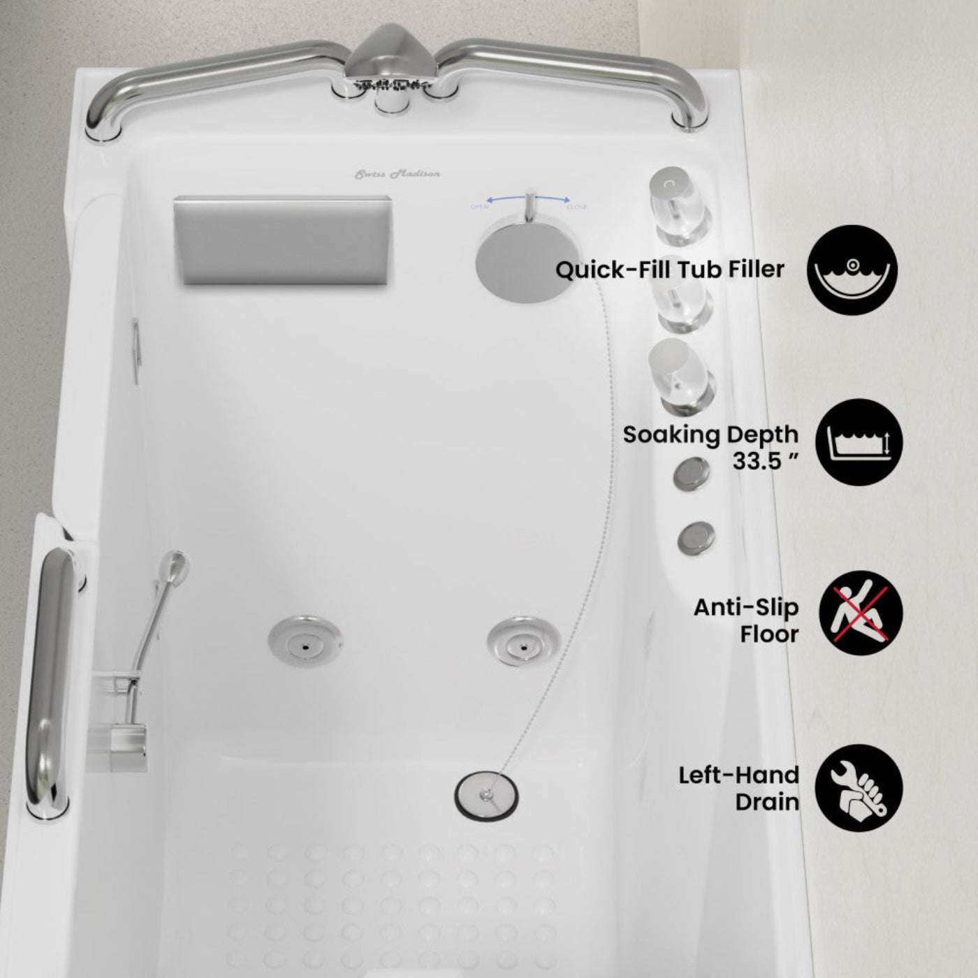 Swiss Madison Auvergne 53" x 27" ADA Left Drain Walk-in Soaking Bathtub with Massage Jets in Glossy White, Faucet Set, Drain, Grab Bars, Pillow Included - SM-AB6803GW