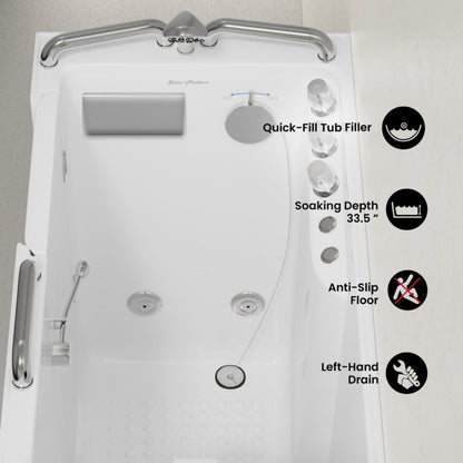 Swiss Madison Auvergne 53" x 27" ADA Left Drain Walk-in Soaking Bathtub with Massage Jets in Glossy White, Faucet Set, Drain, Grab Bars, Pillow Included - SM-AB6803GW