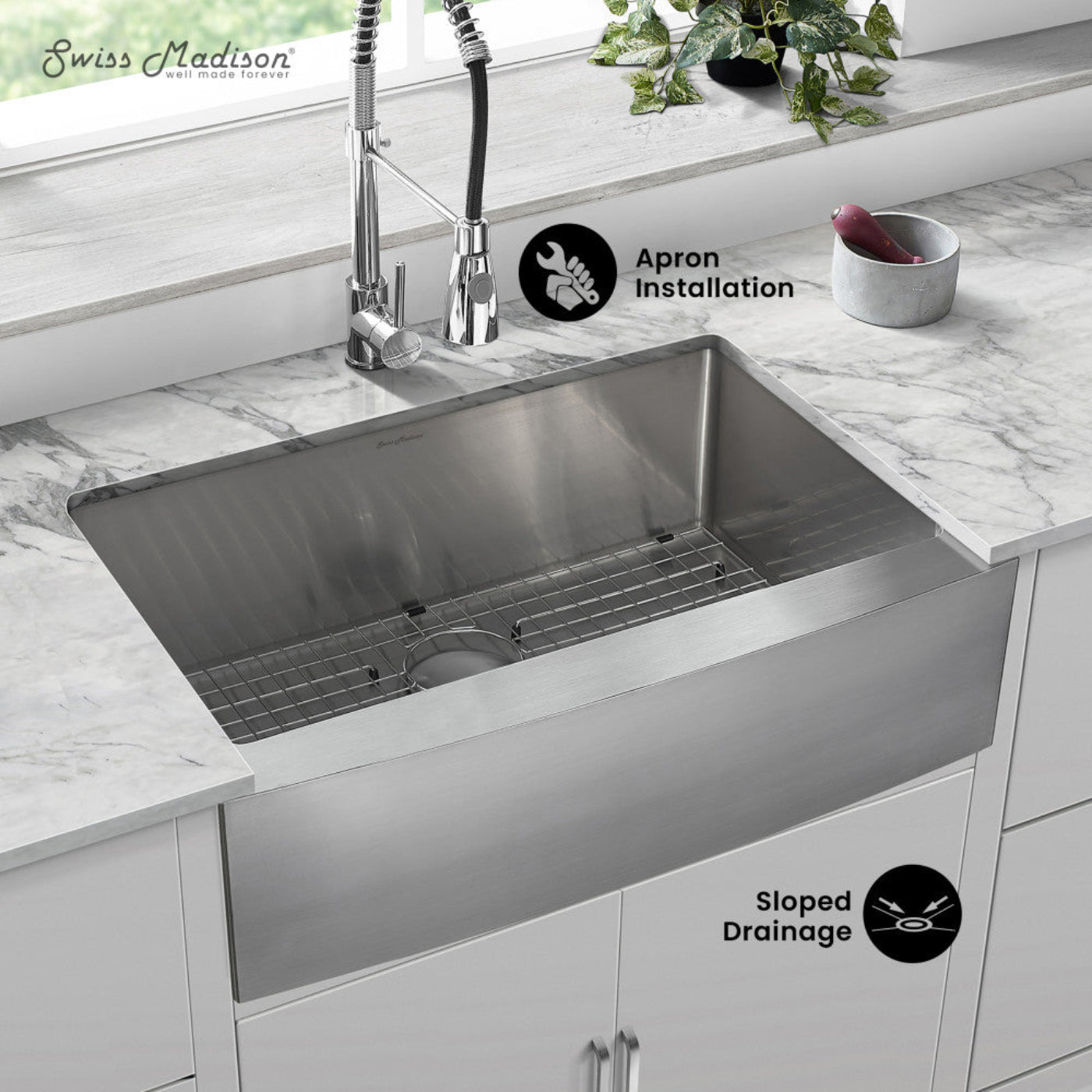 Swiss Madison Tourner 30 x 21 Stainless Steel, Single Basin, Farmhouse Kitchen Sink with Apron - SM-KS760