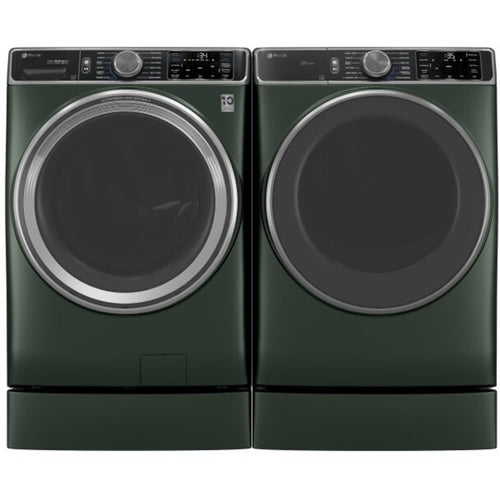 GE Appliances Profile 28 Inch Smart Front Load Washer & GE Profile 28 Inch Smart Front Load Gas Dryer with Profile 7 Inch Right Height Riser - PFD95GSPWGN