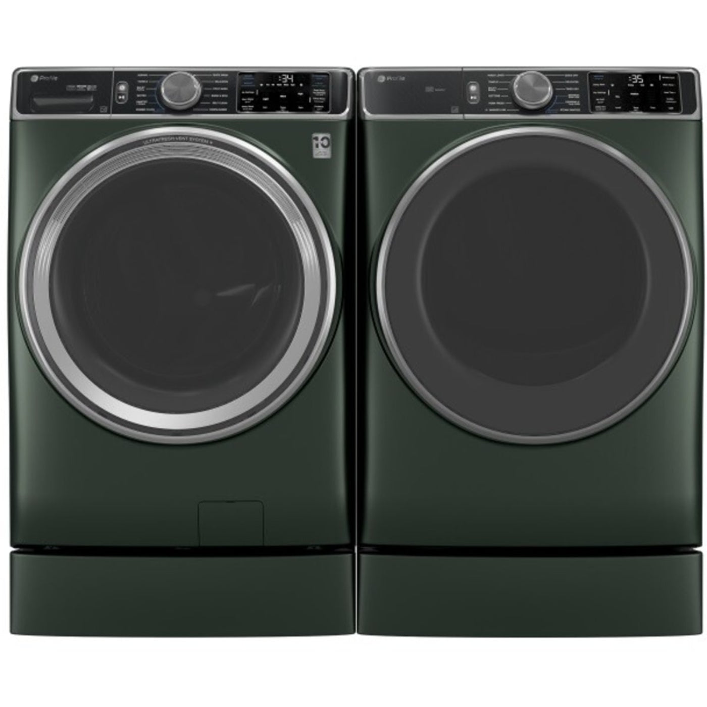 GE Appliances Profile 28 Inch Smart Front Load Washer & GE Profile 28 Inch Smart Front Load Gas Dryer with Profile 7 Inch Right Height Riser - PFD95GSPWGN