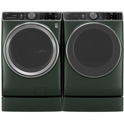 GE Appliances Profile 28 Inch Smart Front Load Washer & GE Profile 28 Inch Smart Front Load Gas Dryer with Profile 7 Inch Right Height Riser - PFD95GSPWGN